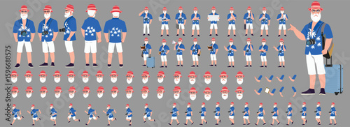 Traveler character model sheet, Character poses, expressions, Walk cycle, Run cycle animated character sequences.