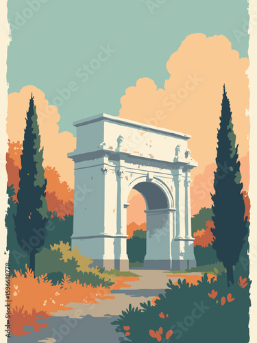 Benevento, Italy – Arch of Trajan framed by autumn foliage in marble white, olive green, sunset orange, and basalt black