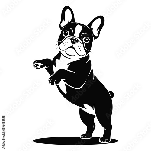 Silhouette of French Bulldog standing on hind legs with front paws raised in playful pose, isolated black and white vector illustration