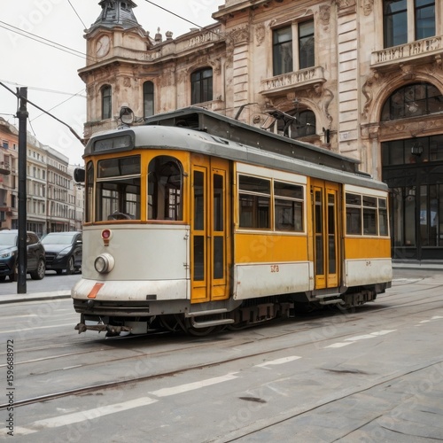 Photo of a vintage tram passes by ornate buildings on a city street