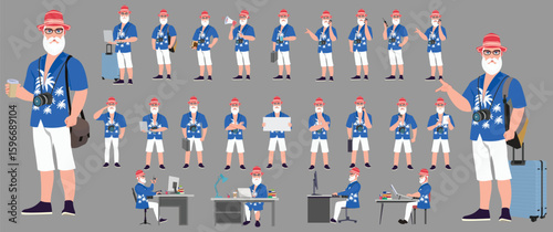 Traveler character model sheet, Character poses, expressions, Walk cycle, Run cycle animated character sequences.