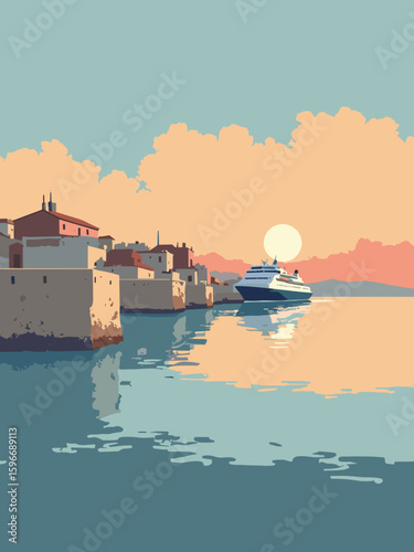 Civitavecchia, Italy – Port walls and cruise liners at dawn in naval gray, harbor blue, stone beige, and rust red
