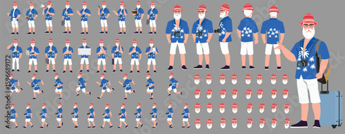 Traveler character model sheet, Character poses, expressions, Walk cycle, Run cycle animated character sequences.