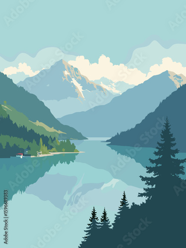 Lecco, Italy – Lake Como shore with Alpine peaks in cerulean blue, alpine white, pine green, and mountain gray