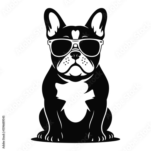 Silhouette of French Bulldog wearing sunglasses, cool pet concept in black and white vector illustration
