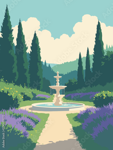 Paderno Dugnano, Italy – Villa Pompea gardens and fountain in garden green, cream, lavender, and path gray