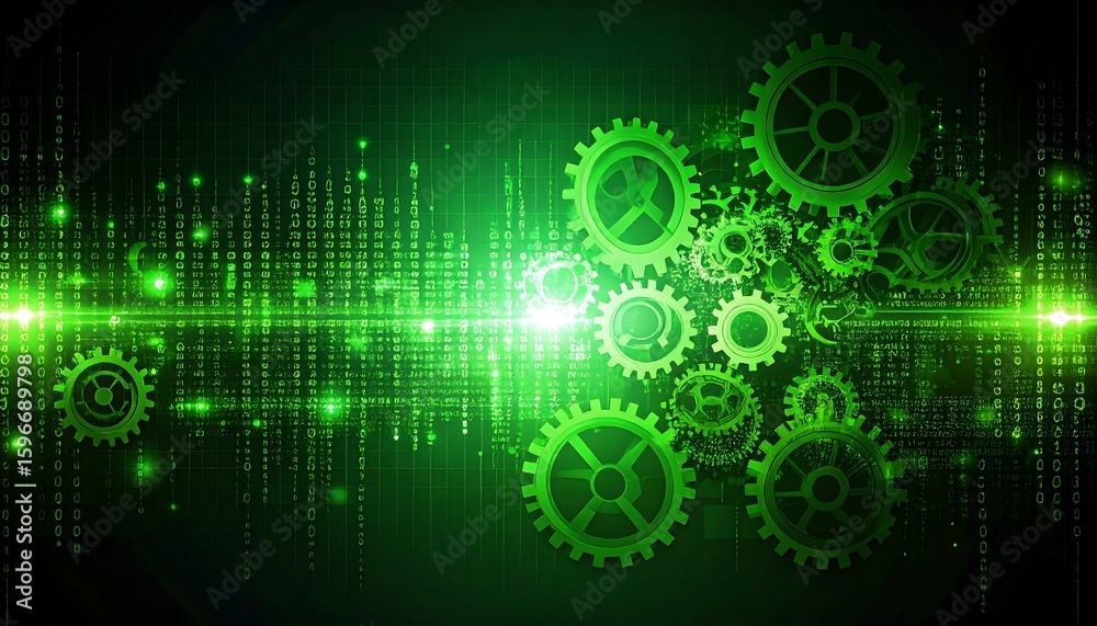 Obraz premium Green gears on a digital matrix
