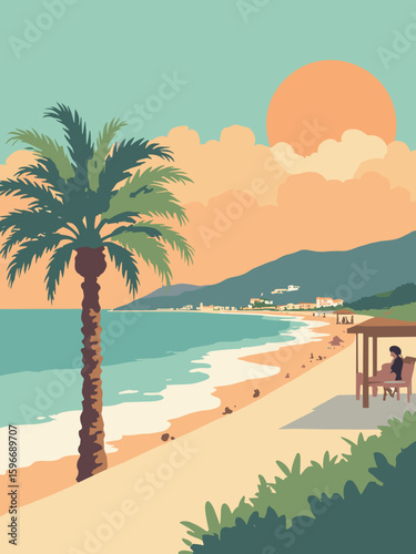 Montesilvano Marina, Italy – Sunlit beachfront promenade in seafoam green, sandy beige, sunset orange, and palm leaf green