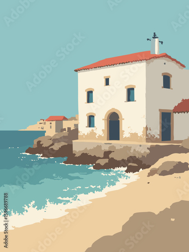 Mazara del Vallo, Italy – Tonnara del Secco tuna museum by the pier in Mediterranean blue, sun‑bleached white, coral red, and driftwood brown
