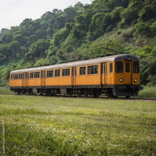 Photo of a yellow passenger train traveling through a green grassy field