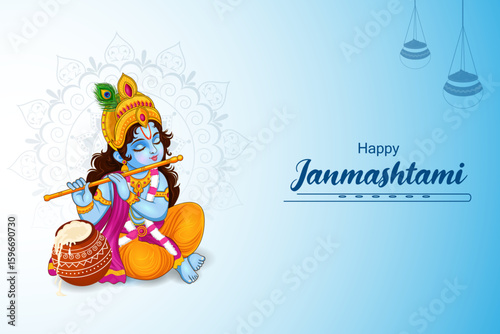Little Kanha playing bansuri (flute) on Krishna Janmashtami festival background of India