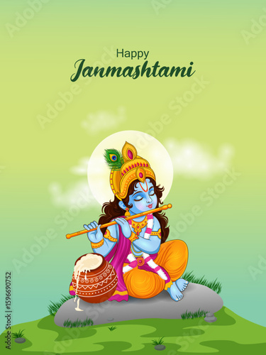 Little Kanha playing bansuri (flute) on Krishna Janmashtami festival background of India