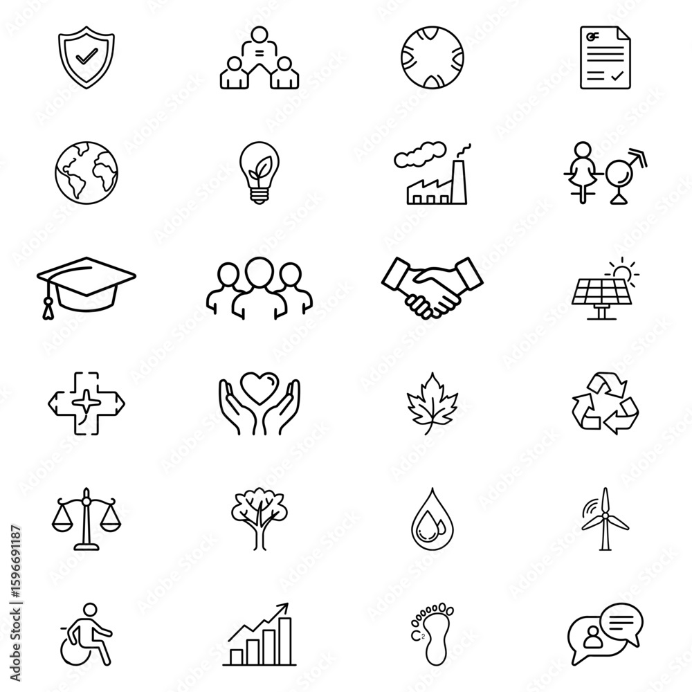 Fototapeta premium Collection of environmental and social responsibility line icons in a grid arrangement