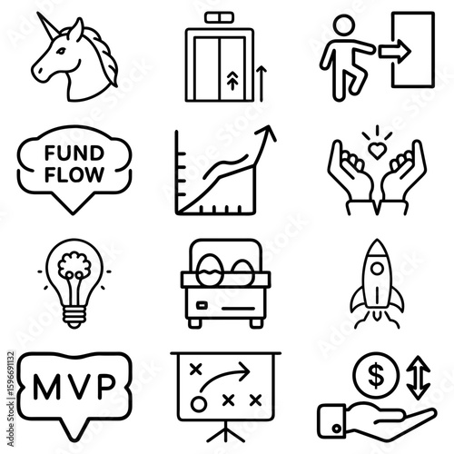 Illustration of unicorn, elevator, exit, fund flow, graph, hands, lightbulb and more icons