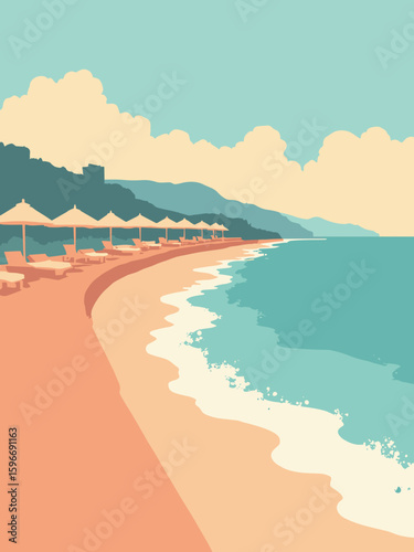 Civitanova Marche, Italy – Sunrise promenade with aqua sky, sandy beige umbrellas, turquoise sea, peach reflections, and terracotta boardwalk