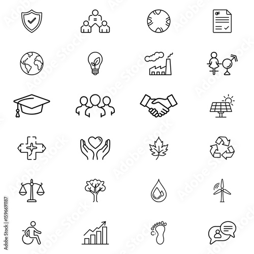 Collection of environmental and social responsibility line icons in a grid arrangement