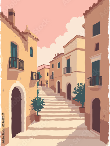 Modica, Italy – Baroque stairway and chocolate shops at dusk in sandstone beige, cream white, chocolate brown, and pink sky