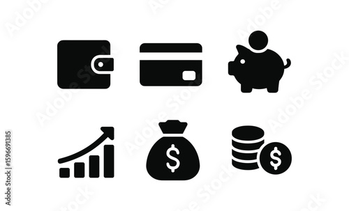 Financial icons set: wallet, card, piggy bank, growth chart, money bag, coins