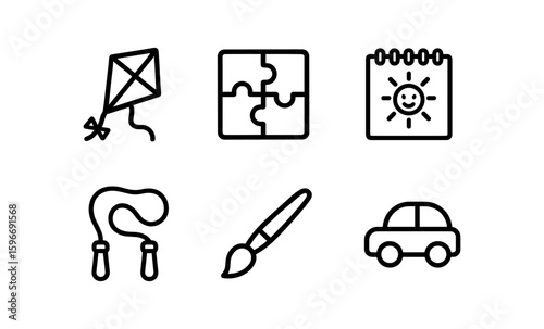 Playful outline icons of toys and activities in minimalist style