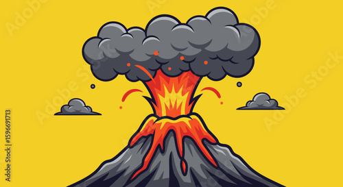 A cartoon volcano erupting against a yellow background
