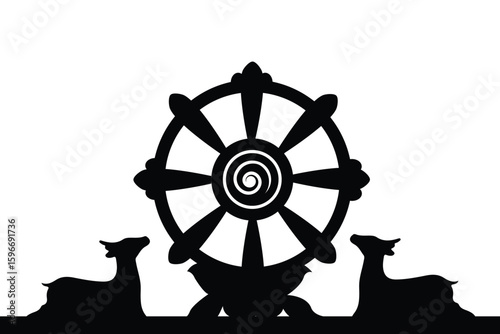 Silhouette of Dharmachakra with two deer, a Buddhist symbol representing the Buddha’s first teaching in Sarnath. Ideal for spiritual content, religious education, vector art, and meditation media.