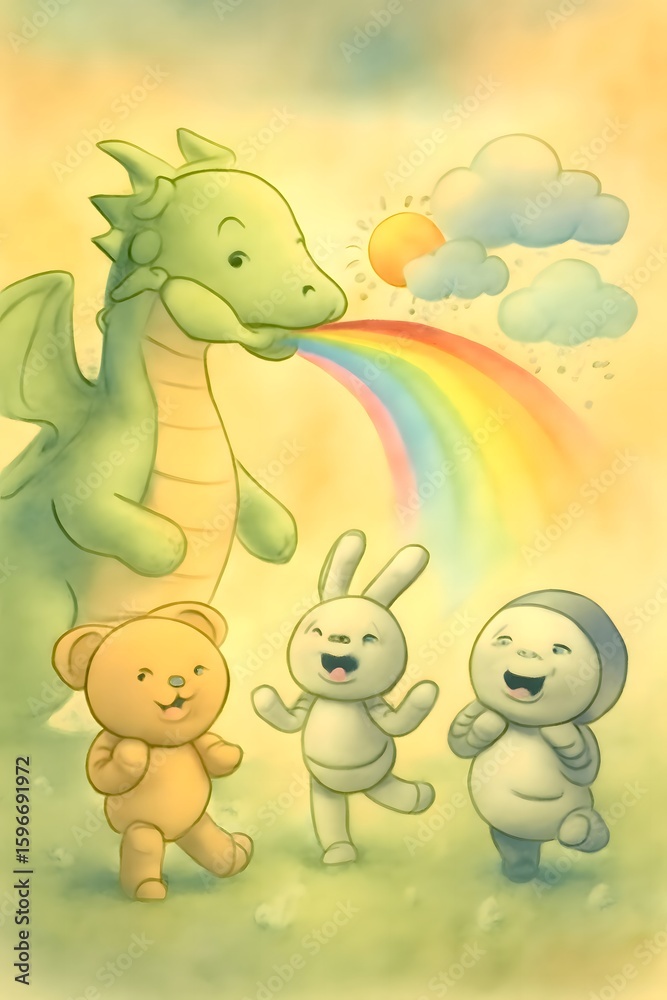 Naklejka premium Weather-Changing Robot Dragon Blowing Rainbow Wind Creating Sunshine, Rain, and Snow for Robot Animals – Fantasy Kids Art