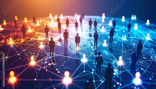 Digital illustration of a global network with glowing people silhouettes, symbolizing strong connections and community.