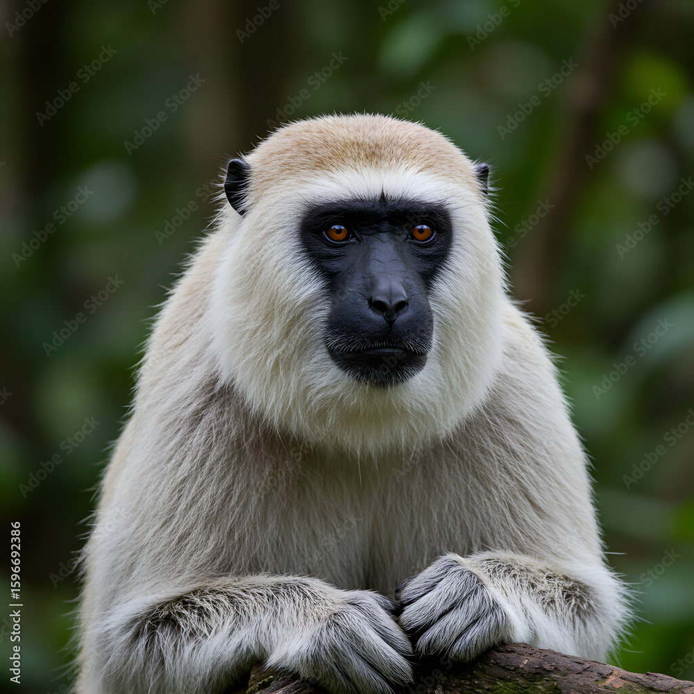 Obraz premium A captivating close-up portrait of a Patas Monkey (Erythrocebus patas), showcasing its distinctive white-crowned fur, dark face, and strikingly bright orange eyes