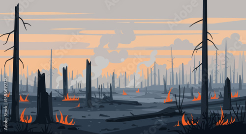 Burned forest with fire and charred tree trunks under a smoky sky