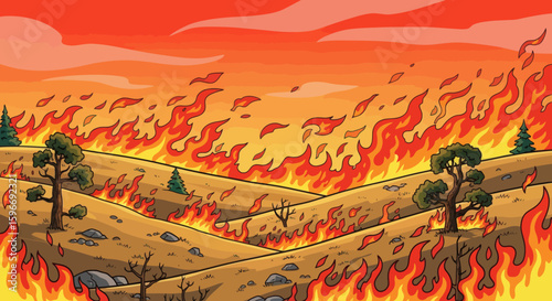 Cartoon depiction of a wildfire consuming a landscape