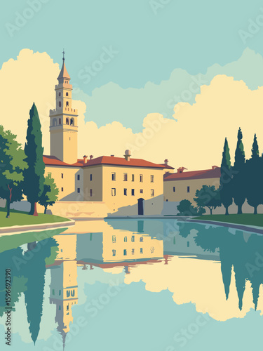 Mantova, Italy – Ducal Palace lakeside at golden hour in lagoon blue reflection, palace yellow facades, terracotta roofs, and olive green cypresses