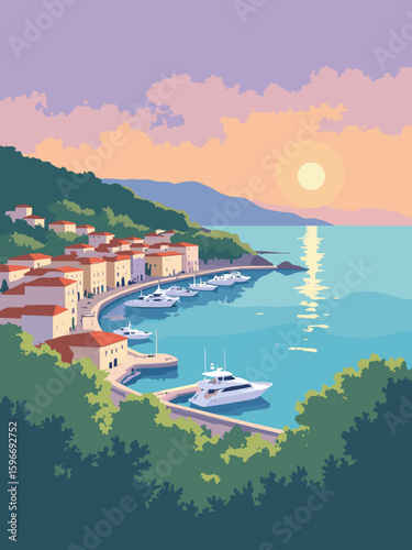 Imperia, Italy – Oneglia port at sunset in olive green groves, yacht white hulls, harbor blue water, lavender sky, and seafoam accents