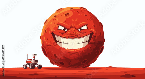 Cartoon of Mars with an angry face towering over a Mars rover