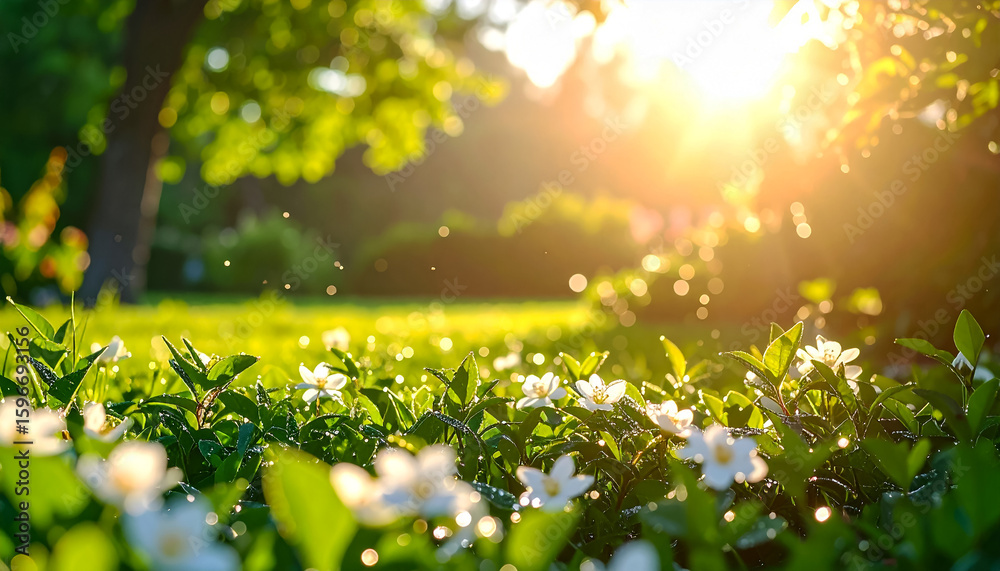 Obraz premium Sunlit meadow flowers spring nature green grass light