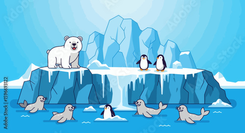 Cartoon scene with polar bear penguins and seals on an ice floe