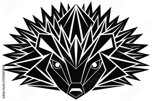 Abstract geometric hedgehog's head displays monochrome spikes and captivating eyes through an artful composition