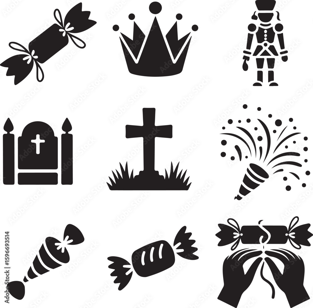 Fototapeta premium Icon, Set, Christmas, Halloween, Holiday, Crown, Grave, Candy, vector, silhouette