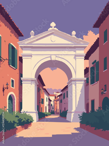 Jesi, Italy – Arch of Trajan on medieval street in ivory white archway, brick red facades, olive green planters, violet sky, and amber streetlights