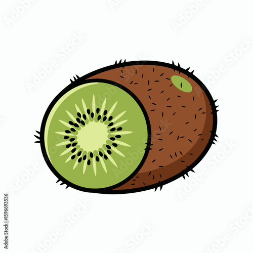 Cut kiwi with green interior and brown hairy skin