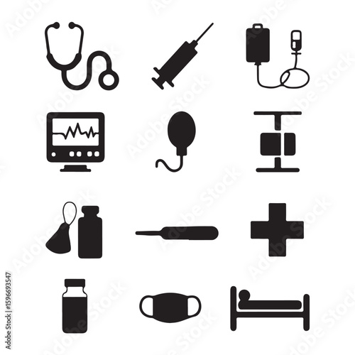Medical icon set with health care symbols and hospital related vector illustrations