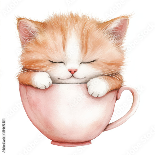 Watercolor Kitten Napping Comfortably Inside a Pink Teacup Eyes Closed