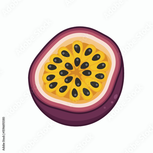 Cut passion fruit with yellow pulp and black seeds inside