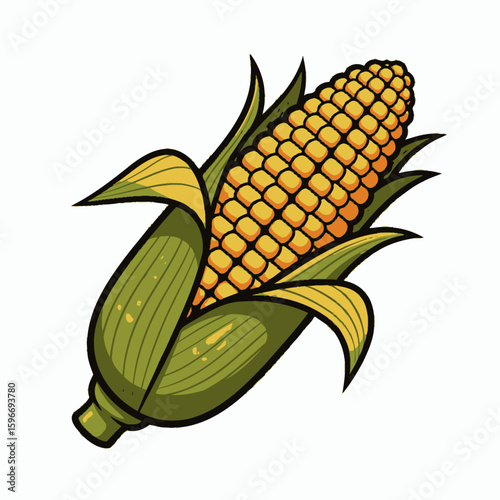 Ear of corn with green husks and yellow kernels