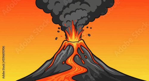 Erupting volcano with lava flowing down its sides and dark smoke rising into the fiery sky