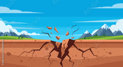 Earthquake crack in the ground with mountains and sky in the background