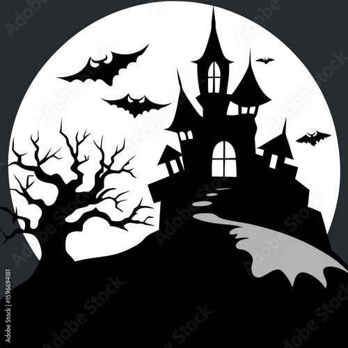 Spooky haunted house silhouette with bats soaring against full moon generates a somber ambiance