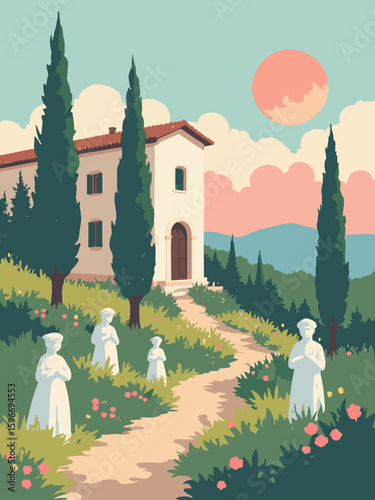 Bagheria, Italy – Villa Palagonia’s whimsical statues and gardens in ivory white, moss green, earthen brown, and sunset pink