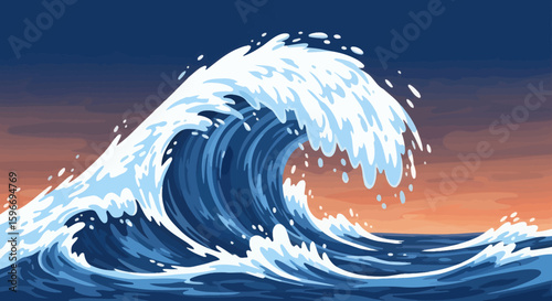 Illustration of a large ocean wave with a sunset in the background