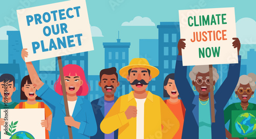 Illustration of people protesting with signs advocating for environmental protection and climate justice in a city