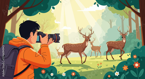 Man taking picture of deer in forest with sunlight shining through trees